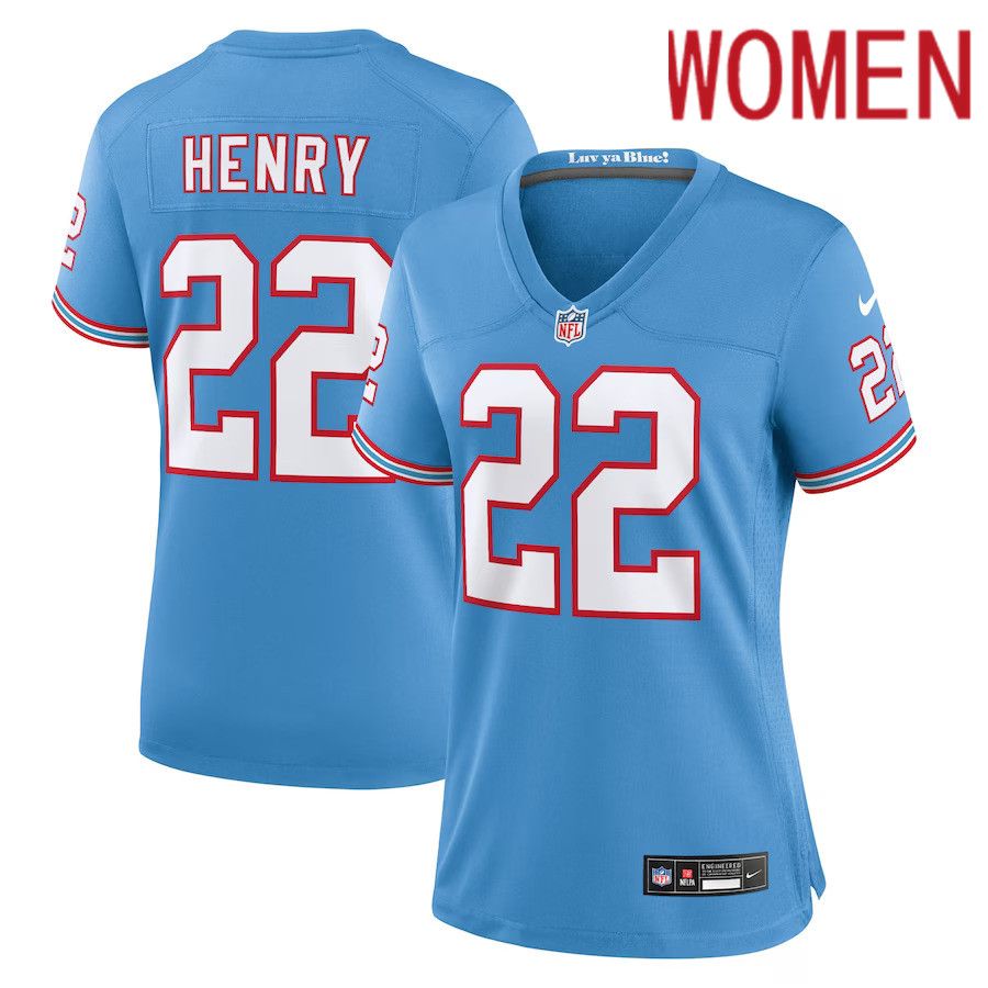 Women Tennessee Titans 22 Derrick Henry Nike Light Blue Oilers Throwback Alternate Game Player NFL Jersey